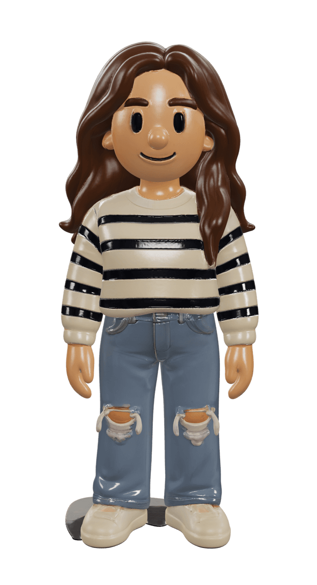 A Blixi figure: a smiling girl with long wavy hair, a striped jumper, ripped jeans and white sneakers