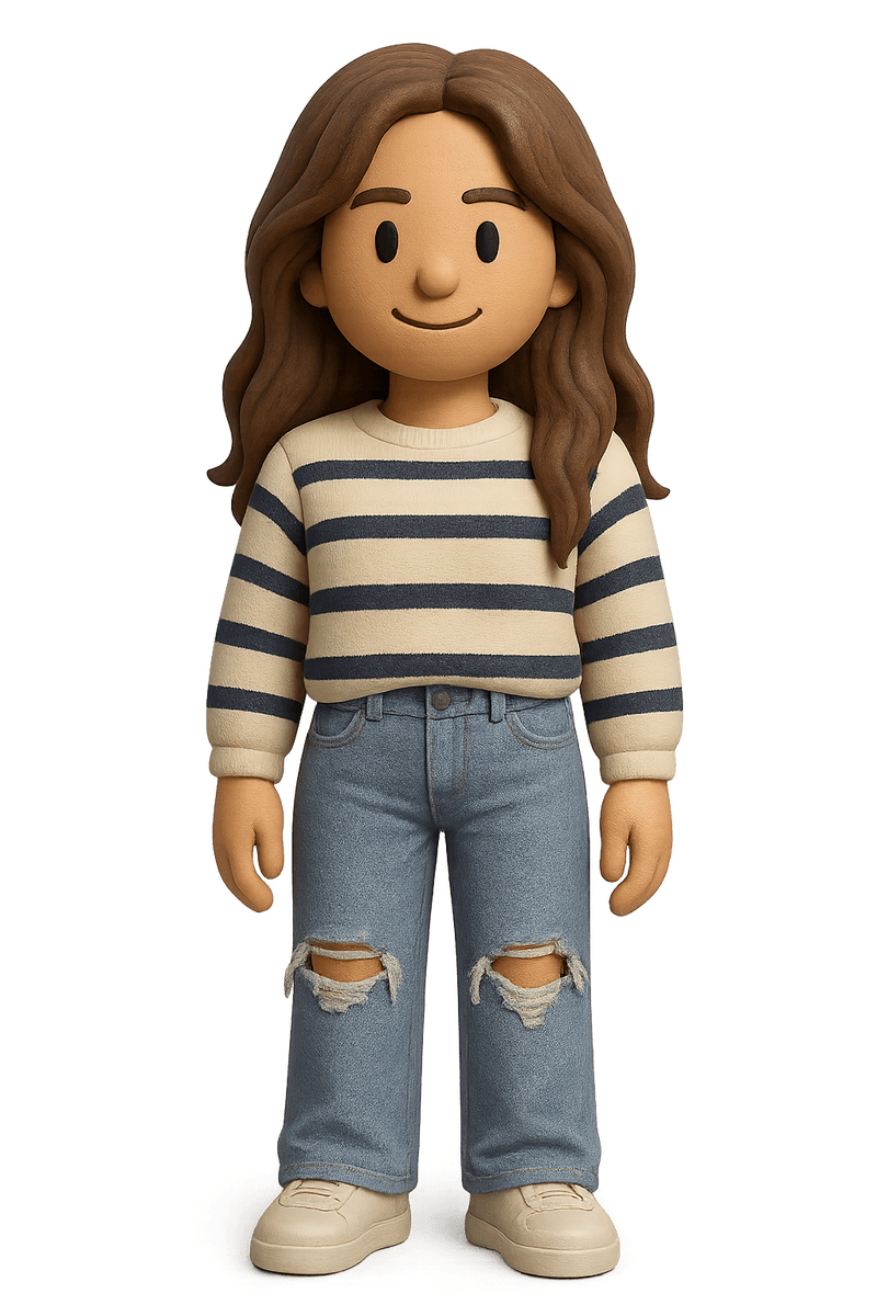 A selfie drawn as a toy figure: long brown hair, a striped jumper and ripped jeans