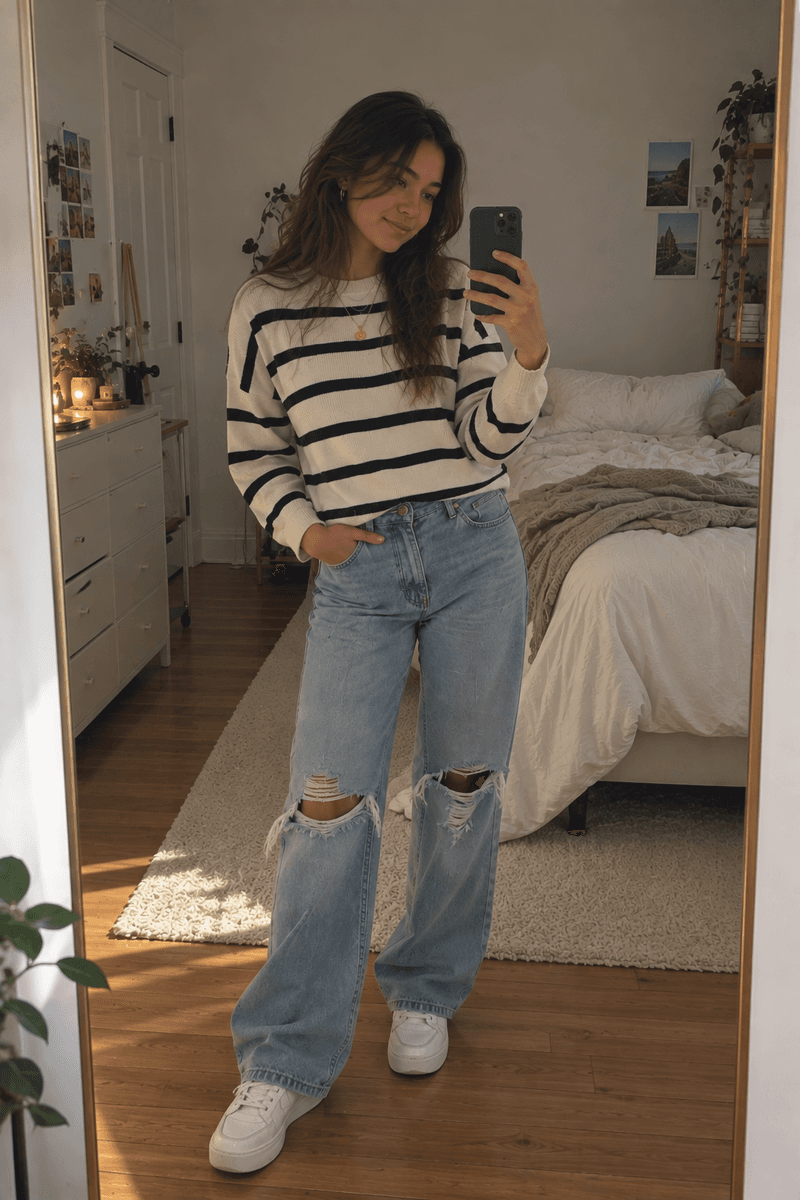 A mirror selfie: long brown hair, a striped jumper and ripped jeans